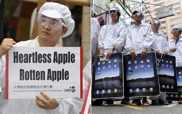 Demonstrators outside an Apple store in Hong Kong protest about the poor working conditions of employees of Taiwan's Foxconn which manufactures Apple products in China. 