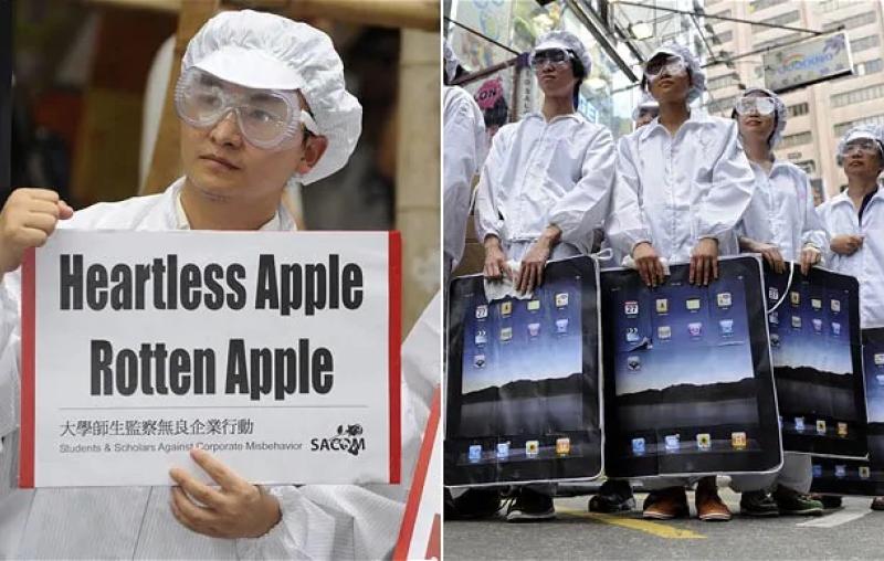 Demonstrators outside an Apple store in Hong Kong protest about the poor working conditions of employees of Taiwan's Foxconn which manufactures Apple products in China. 